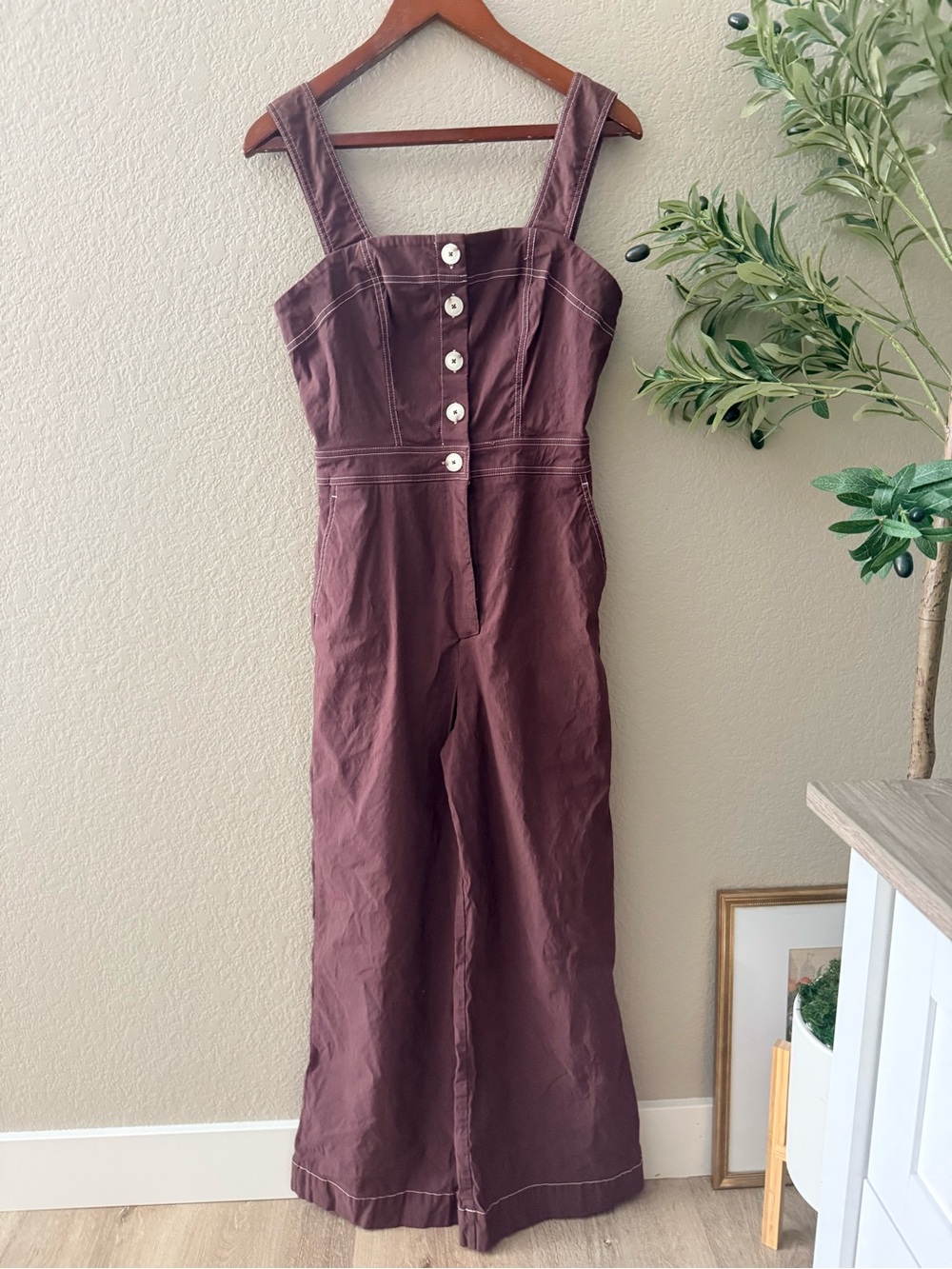 Anthropologie Maeve Portside Button-Front Magic Fabric Jumpsuit Brown Size 8